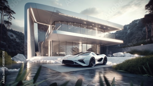 Experience Unmatched Luxury with a Bionic House and Stylish Bright-Light Supercar for Ultimate Outdoor Living, Generative AI