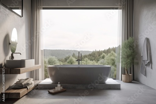 Interior of bathroom with bathtub and faucet on a grey concrete podium with a view of the surrounding countryside. In the corner, a towel covered table. gray wall with a canvas copy space,. Generative © 2rogan