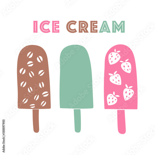 Vector set of three types of ice cream. Beige, green, pink on a white background. Hand drawing, minimalism, illustration. Cafe, rest with children, sweets.
