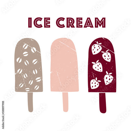 Three types of ice cream. Vector set. Burgundy, pink, beige colors on a white background. Hand drawing, minimalism, illustration. Cafe, holidays with children, summer.