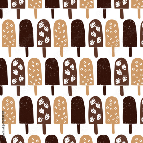 Vector pattern of different types of ice cream.Beige and brown on a white background. Tablecloth, background, wallpaper, wrapping paper, decor, design, retro, vintage, summer.