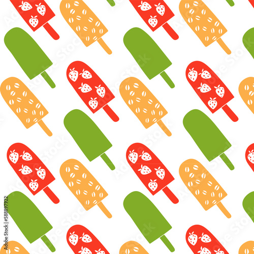 Bright vector pattern on a white background. Green, red, yellow. Tablecloth, background, wallpaper, wrapping paper, decor, design, retro, vintage, summer, coffee, strawberry.
