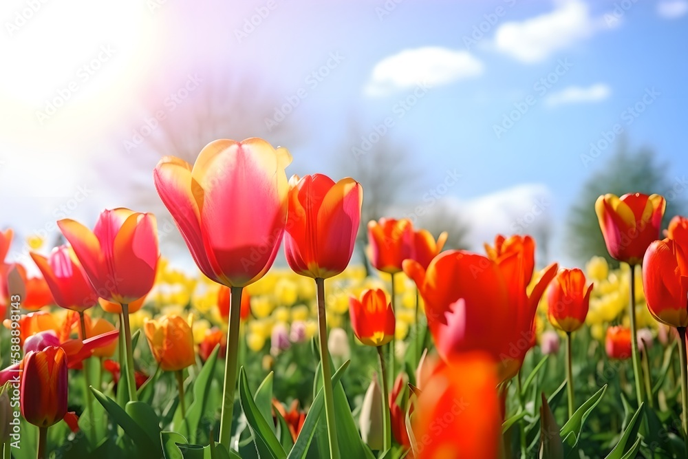 Fototapeta premium Tulips field on a sunny day, generative ai illustration