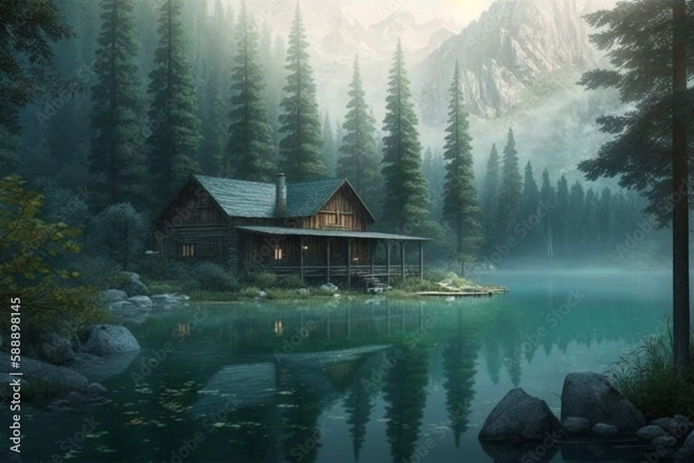 Fototapeta premium Relaxing view of a wood log touristic cabin with a lake nearby and mountain. Beautiful serene rustic landscape illustration. Ai generated