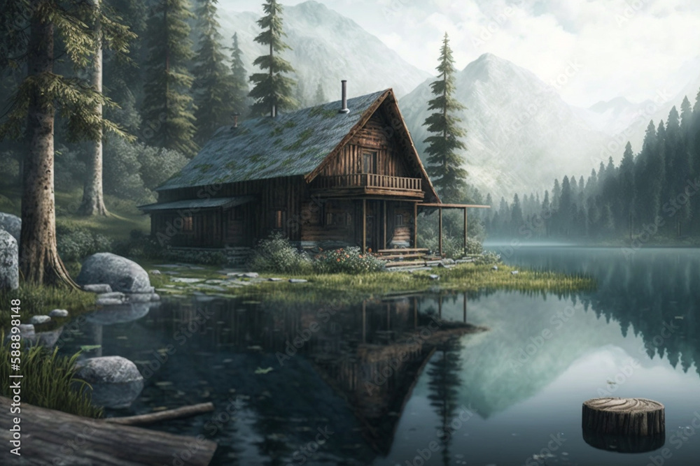 Relaxing view of a wood log touristic cabin with a lake nearby and mountain. Beautiful serene rustic landscape illustration. Ai generated