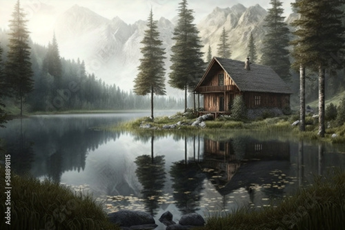 Relaxing view of a wood log touristic cabin with a lake nearby and mountain. Beautiful serene rustic landscape illustration. Ai generated