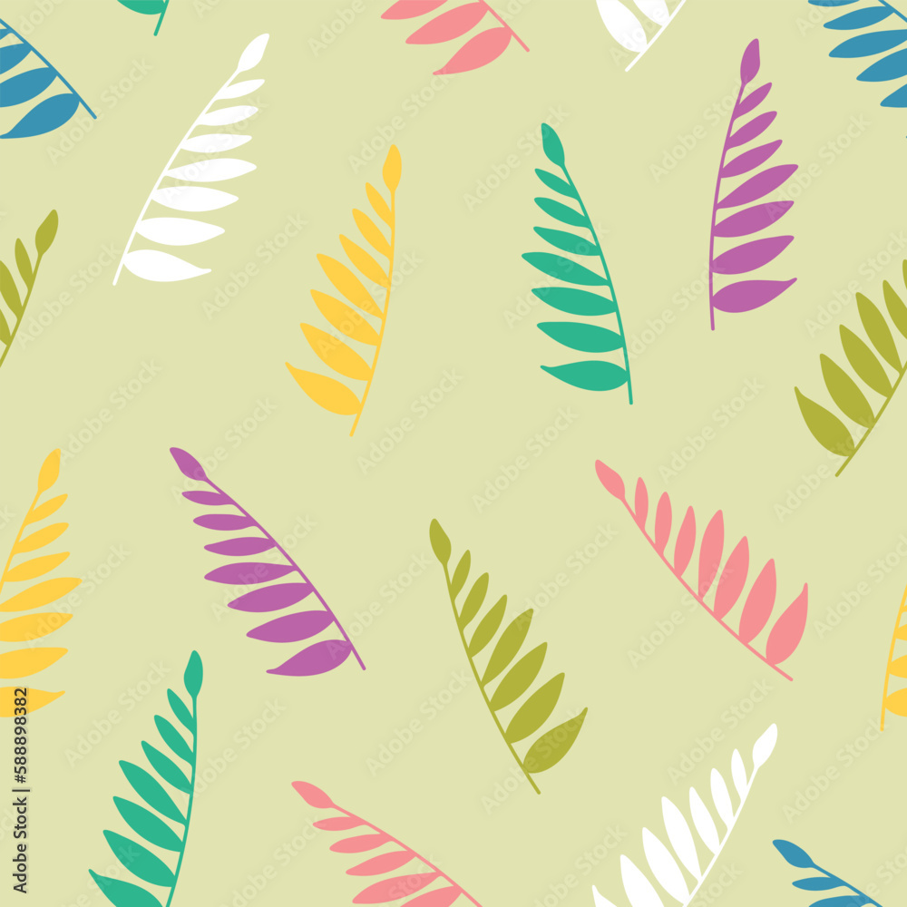 Vector abstract multicolour tropic leaves repeating pattern background.
