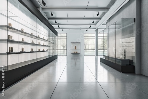 a tidy  empty showcase in a white gallery s interior. Generative AI
