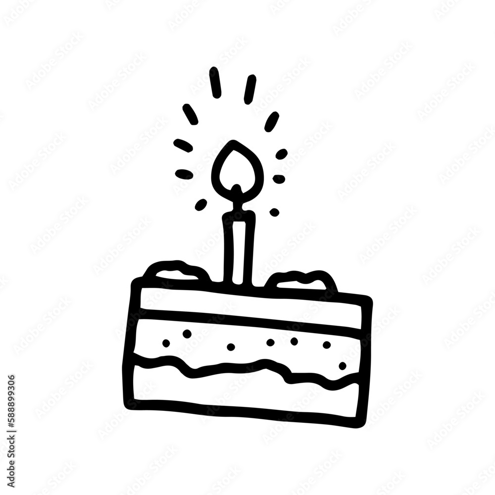 Cake with cream and candle. Isolated vector image. A piece of layered party cake with cream decorations. Drawing of black lines. Cake with cream and candle. Isolated vector image. A piece of layered party cake with cream decorations. Drawing of black lines.