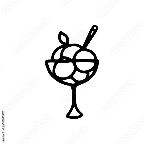 Scoops of ice cream in a vase. A round cold dessert in a glass. Cooling sweets for summer. Isolated vector image, black line icon.