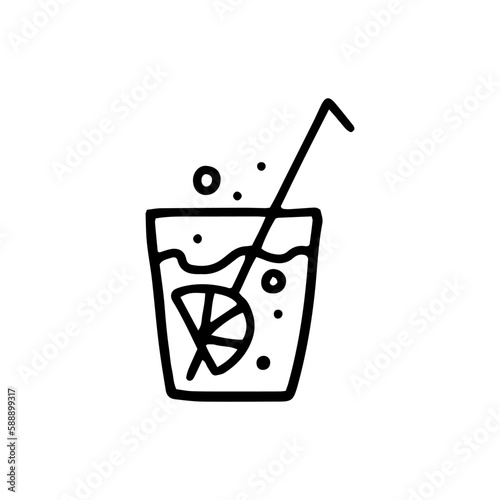 Cold soft drink in a glass. Cocktail with a slice of lemon and a straw. Cooling juice with lime and bubbles. Drawing, icon from black lines.