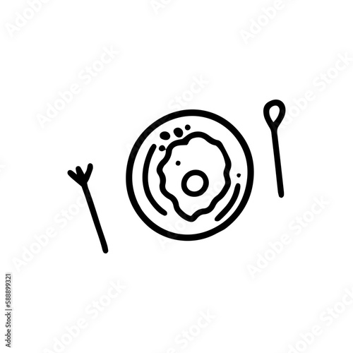 Scrambled eggs on a plate. Served breakfast. A fried egg with a side dish on a saucer, a fork and a spoon nearby. Isolated vector image from black lines.