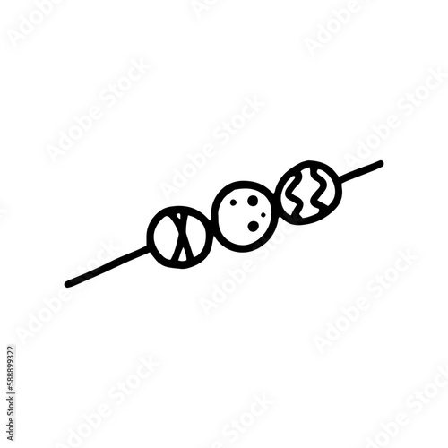 Cake pops on skewers. A sweet dessert with different flavors and icing. Round cakes on sticks. Isolated vector image from black lines.