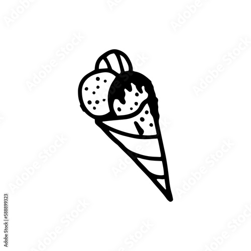 Ice cream in a waffle cone. Cold dessert in an edible cup. Cooling sweets for summer with frosting and sprinkles. Isolated vector image, black line icon.