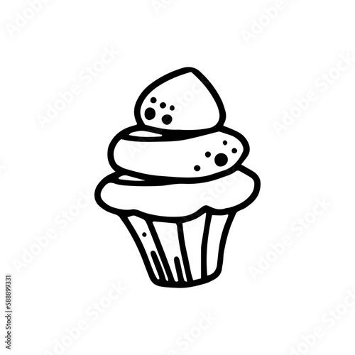 Cupcake with cream and sprinkles. Sweet pastries made of dough, decorated with whipped cream. Muffin for breakfast. Drawing, icon from black lines.