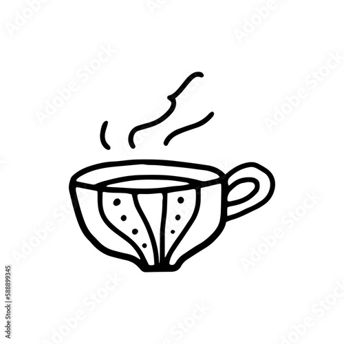 A cup with a hot drink. Steaming coffee in a striped cup. Fresh tea for breakfast. Isolated vector image from black lines.