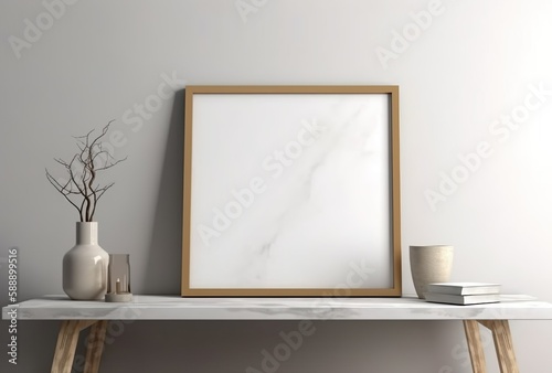 Empty square frame mockup in modern minimalist interior with plant in trendy vase on white wall background, Template for artwork, painting, photo or poster  © Zelun