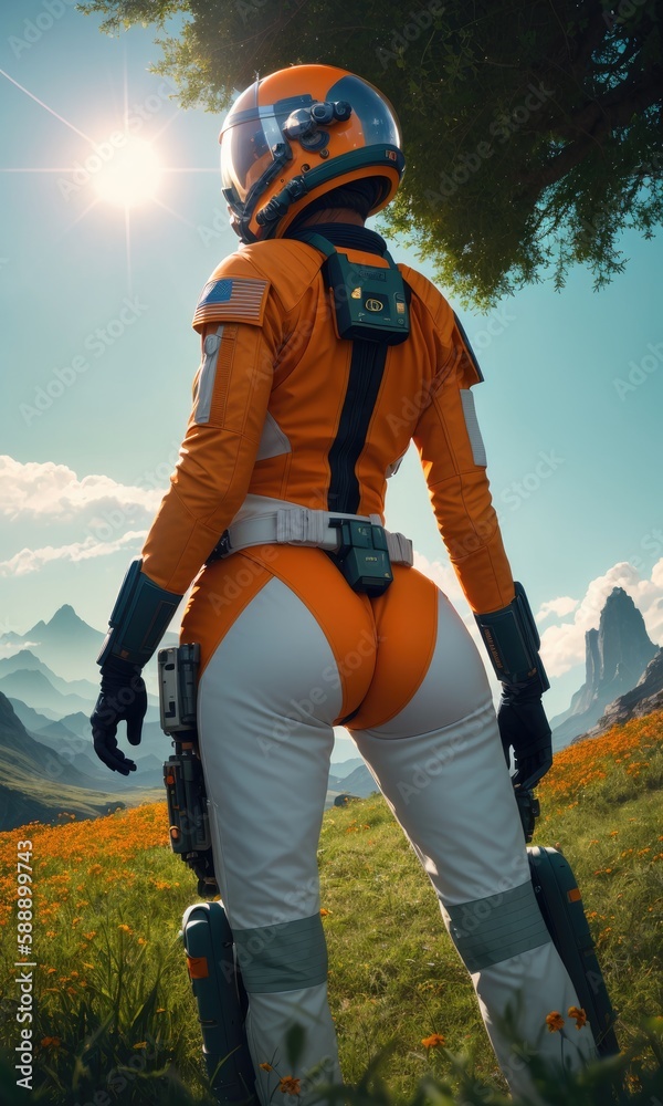 A girl in a spacesuit, traveling on an uncharted planet. Sci fi, landscape back view