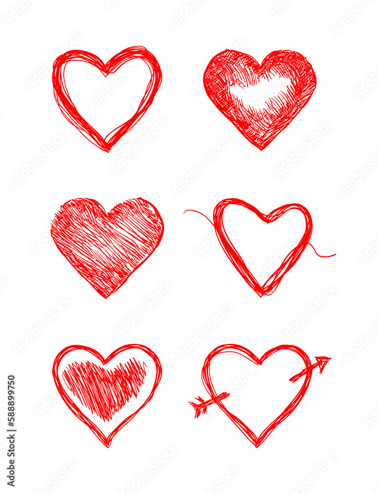 Doodle hearts sketch set. Various different hand drawn heart icon love collection isolated on white background. Red heart symbol for Valentines Day.