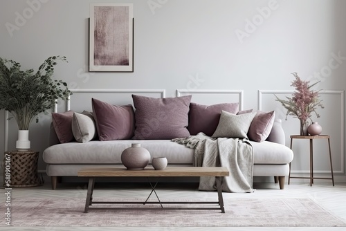 Gray sofa with burgundy and lavender pillows in a light living room with heather on the coffee table and blank white wall. Generative AI © 2rogan
