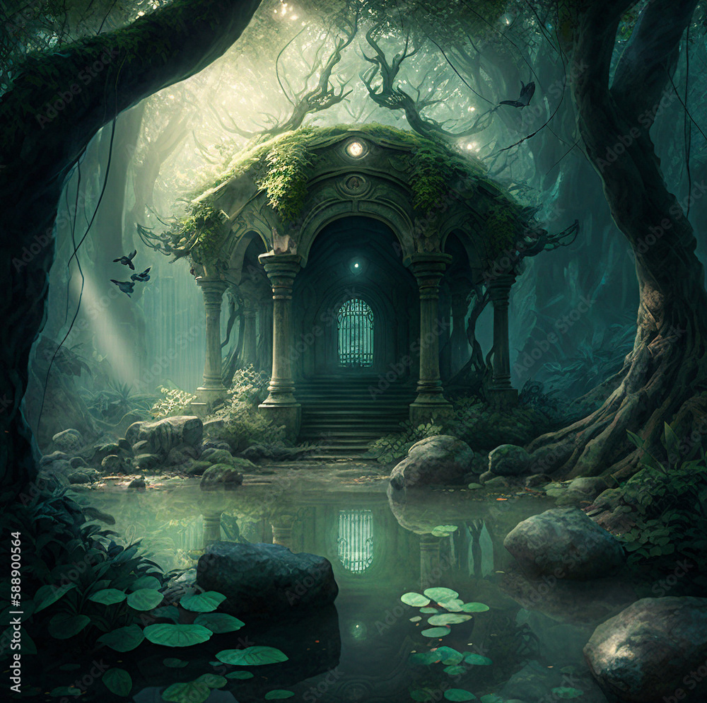 Fantasy Elf Sanctuary in Green Forest