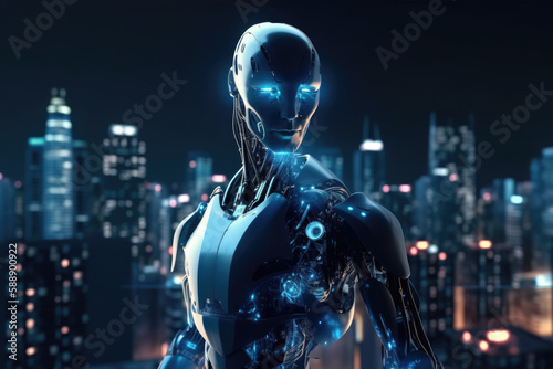 AI Bot in a City Background, AGI, 3D Render, Future, Wallpaper
