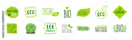 Organic food, farm fresh and natural product labels and badges collection for food market, ecommerce, organic products promotion, healthy life and premium quality food and drink. Vector 10 eps.