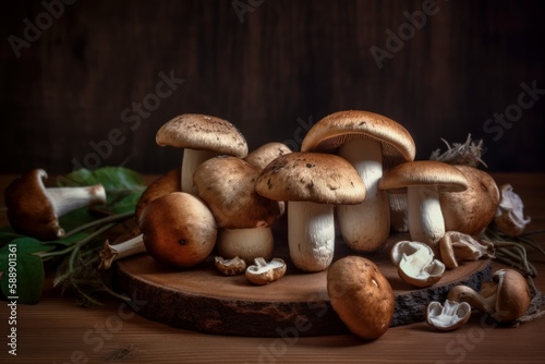 Mushroom wood table. Generate Ai