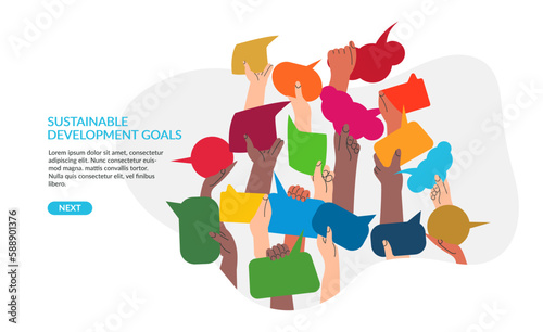 SDGs development goals environment. Hands exchange ideas and holding speech bubble. Eco green vote. Team cooperation and communicate banner template. Diversity group with message vector illustration