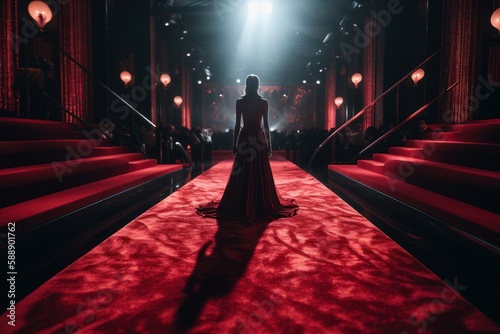 Red carpet stage with star woman. Generate Ai photo
