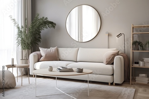 White sofa  table  and mirror in a light colored girl s room  blur. Generative AI