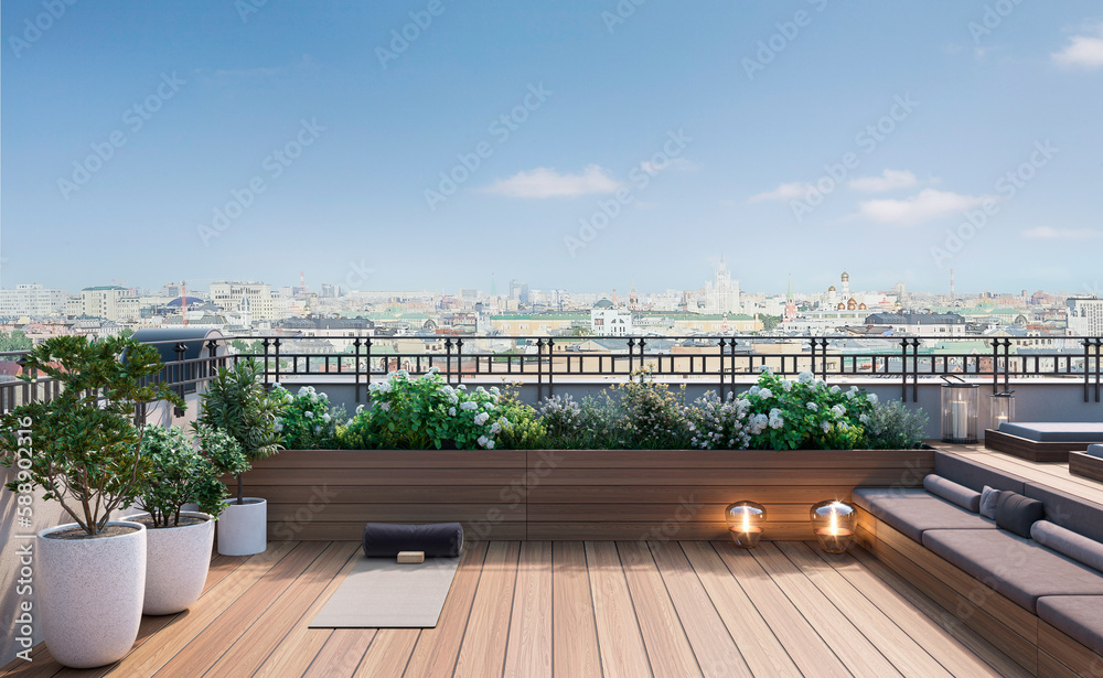 Fototapeta premium Residential building luxary roof terrace with furniture and pool advertisement premium rendering