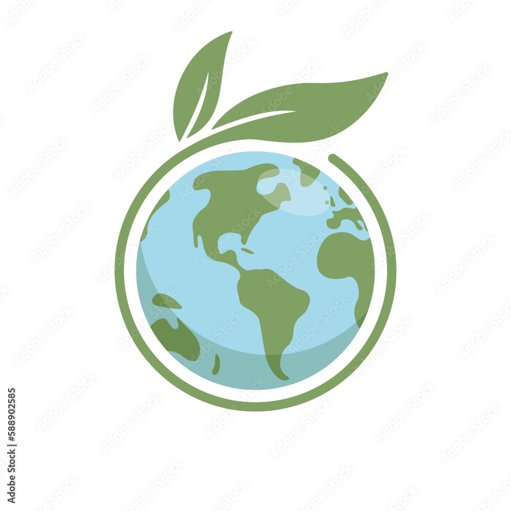 Save earth. Global ecology icon. Planet with green plant leaves growing illustration.