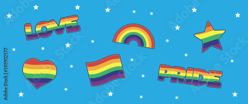 LGBTQ  stickers with rainbow flag, star and heart shapes. Pride month symbols and slogan. Gay parade icons. 