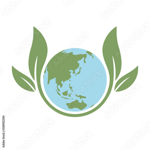 Planet earth icon with leaf protecting it. Save the world, eco-friendly symbol. Protect the environment.