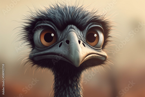 An amusing cartoon drawing of a surprised Australian emu. Generative AI.