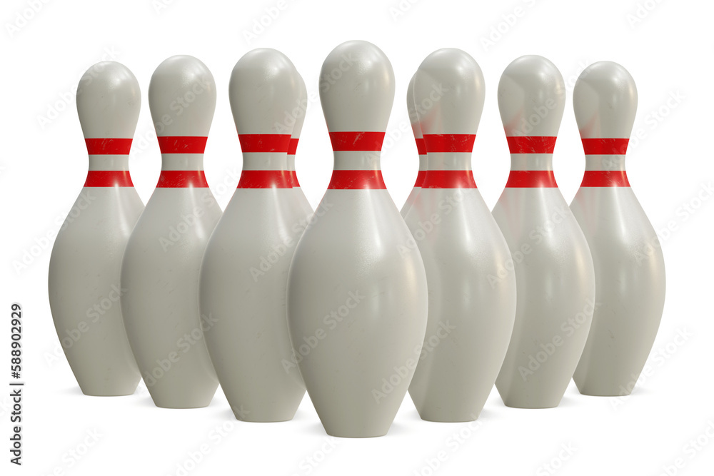 Bowling pins arranged in triangle formation isolated on transparent background. 3D rendering Bowling pins arranged in triangle formation isolated on transparent background. 3D rendering