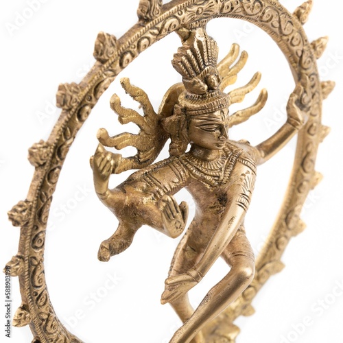 Closeup of Nataraja or Dancing Shiva brass statue isolated on white background