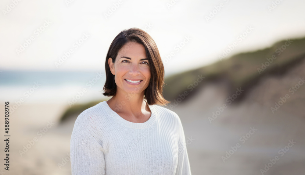 Portrait of a beautiful woman smiling at camera while standing on the beach Portrait of a beautiful woman smiling at camera while standing on the beach