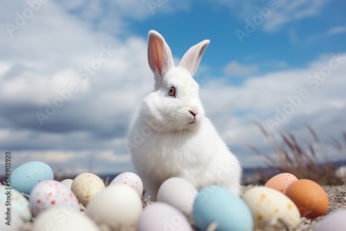 Huge white easter bunny and colored eggs outdoors made with generative AI © Vitalii But