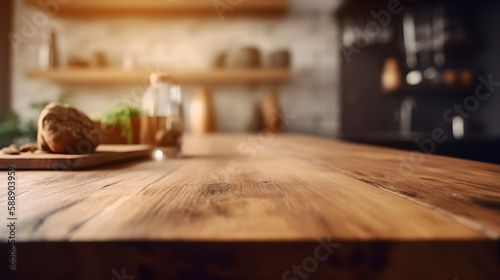 Empty Wooden table in kitchen room blurred background, copy space. Generative Ai photo