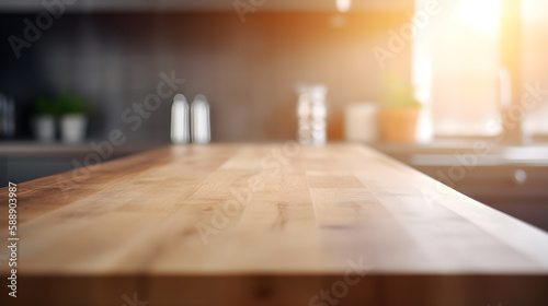 Empty Wooden table in kitchen room blurred background, copy space. Generative Ai photo