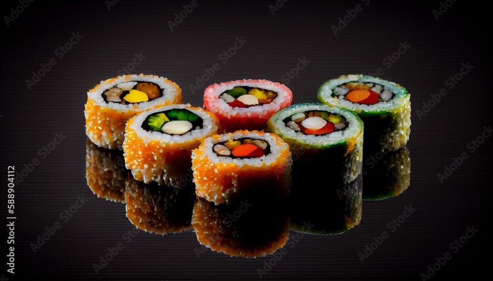 Beautiful horizontal composition of salmon sushi maki rolls isolated on black background. Generative AI illustration Beautiful horizontal composition of salmon sushi maki rolls isolated on black background. Generative AI illustration
