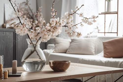 Wooden table, desk, or shelf close up with branches of cherry blossoms in glass vase over boho living room with couch, rustic interior design idea,. Generative AI