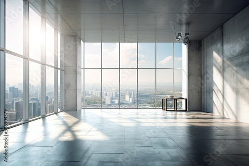 Sunlight and a bright interior with a wide angle city view and concrete flooring. a mockup. Generative AI