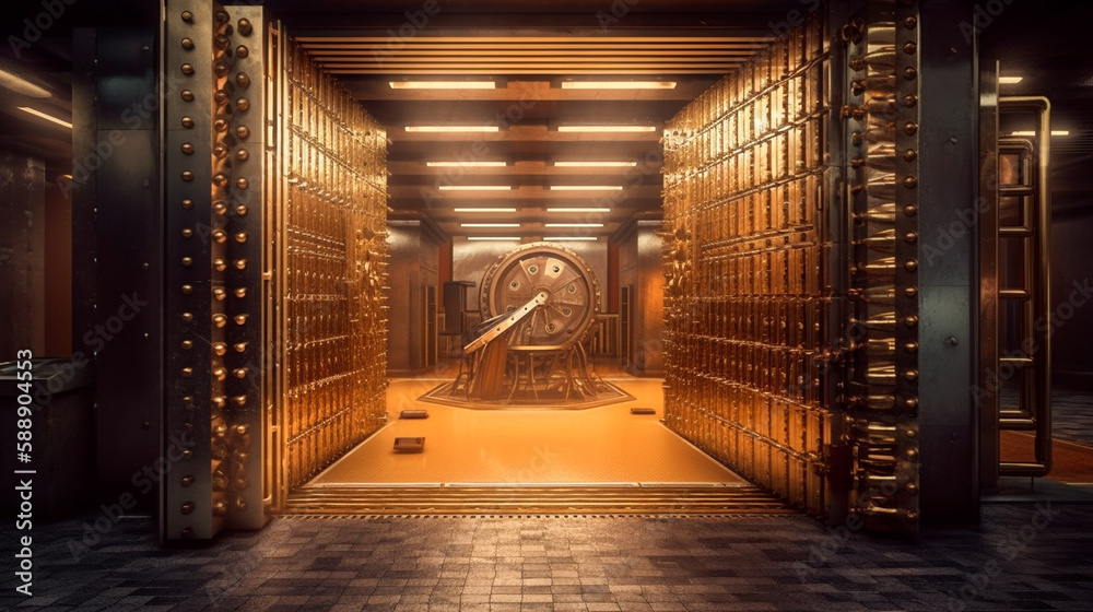 Bank vault with open door. Store Gold bar, inside in Gold vault money. Dollar and euro vault. Inside in bank vault money. Federal Reserve Bank storage with golden walls and gold stacks. Generative AI - obrazy, fototapety, plakaty 