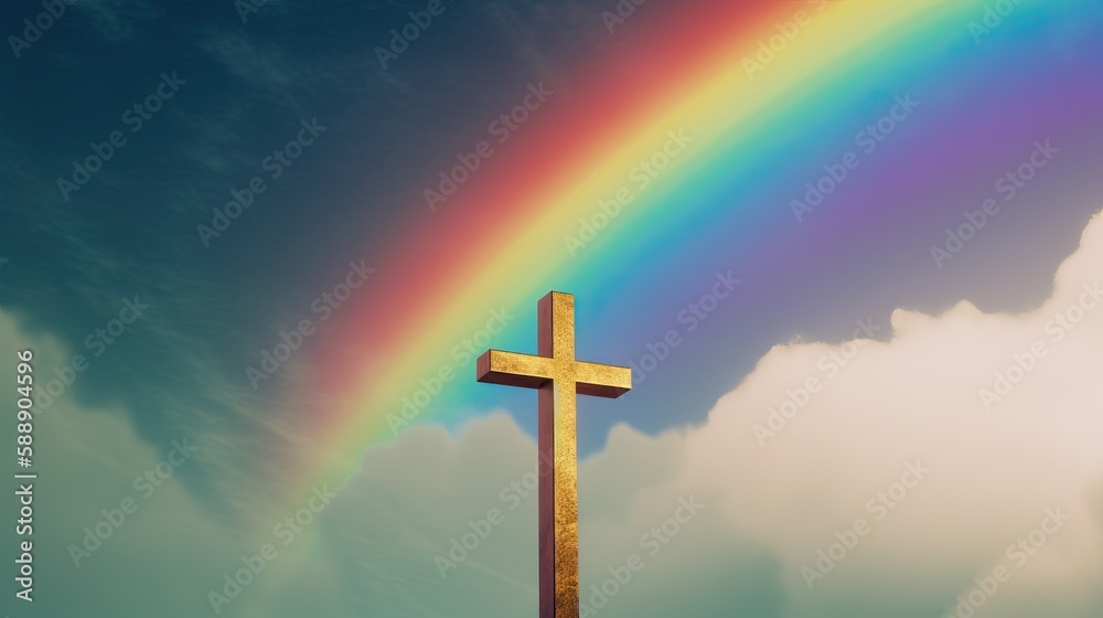 Golden Christian Jesus Cross Beautiful Rainbow Background Generative AI