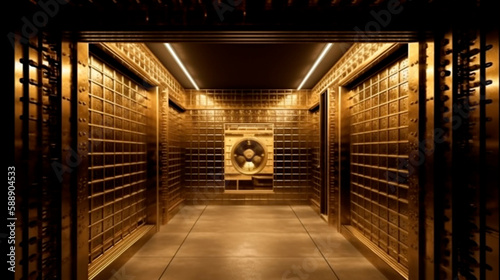 Bank vault with open door. Store Gold bar, inside in Gold vault money. Dollar and euro vault. Inside in bank vault money. Federal Reserve Bank storage with golden walls and gold stacks. Generative AI