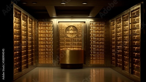 Bank vault with open door. Store Gold bar, inside in Gold vault money. Dollar and euro vault. Inside in bank vault money. Federal Reserve Bank storage with golden walls and gold stacks. Generative AI