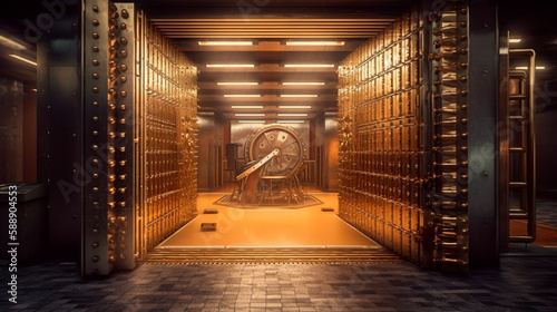 Bank vault with open door. Store Gold bar, inside in Gold vault money. Dollar and euro vault. Inside in bank vault money. Federal Reserve Bank storage with golden walls and gold stacks. Generative AI photo